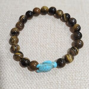 Tigers Eye Beaded Bracelet with Turquoise Turtle Charm